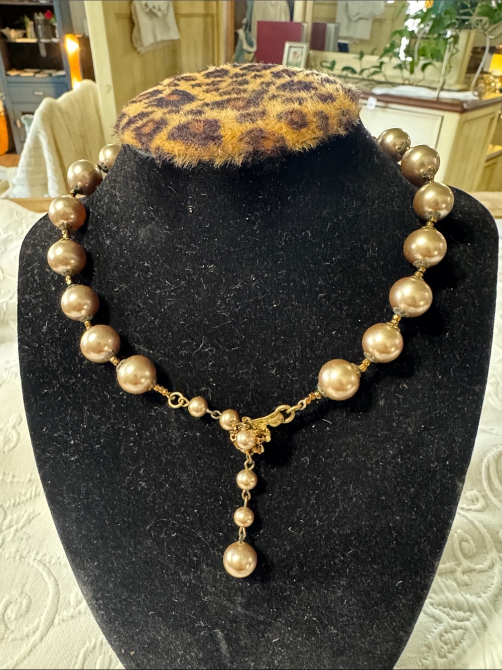 Miriam Haskell Gold-Tone Champagne Pearl Drop Necklace